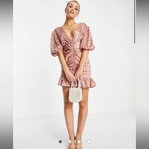 ASOS DESIGN Sz 4 velvet flocked spot mini dress with puff sleeve and belt pink